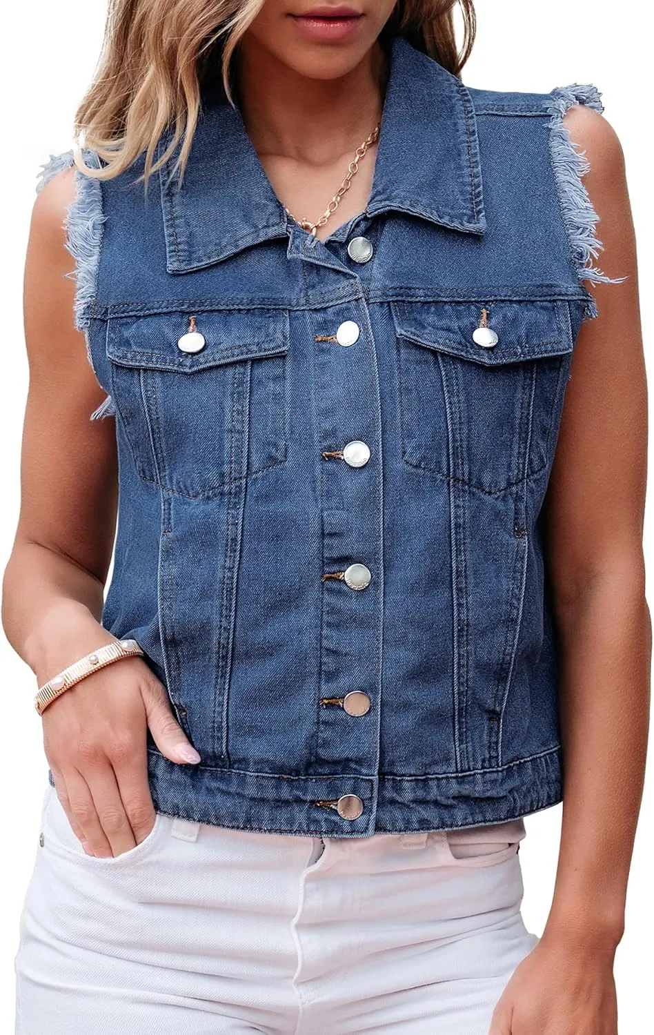 luvamia Denim Vest for Women Button Down Distressed Frayed Vests Top Western Casual Sleeveless Jean Jacket with Pockets
