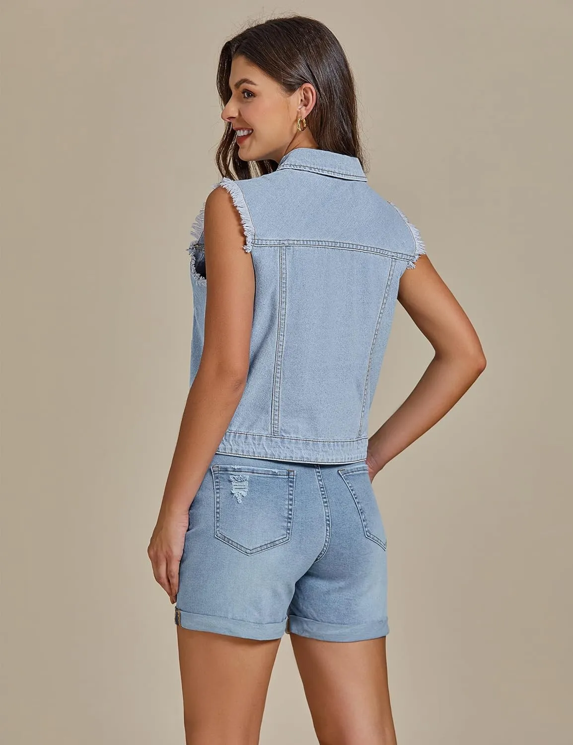 luvamia Denim Vest for Women Button Down Distressed Frayed Vests Top Western Casual Sleeveless Jean Jacket with Pockets