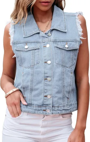 luvamia Denim Vest for Women Button Down Distressed Frayed Vests Top Western Casual Sleeveless Jean Jacket with Pockets