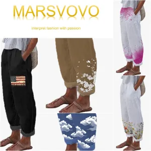 MARSVOVO Beach Pants Women Summer 2024 Fashion Baggy Trousers with Pockets Straight-Leg Casual Loose Palazzo Pants
