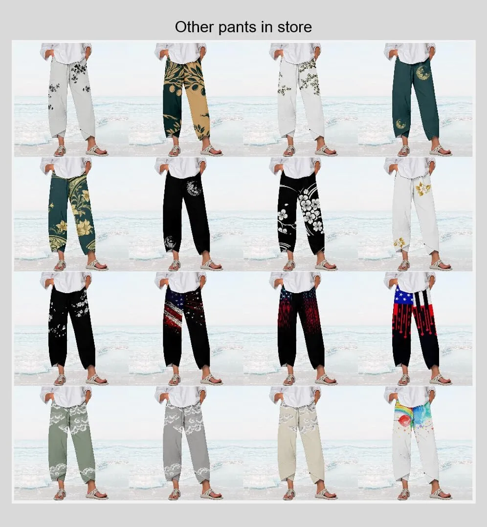 MARSVOVO Capri Pants for Women 2024 Summer Cotton Linen Hawaiian Leaf Print Baggy Wide Leg Cropped Pants with Pockets