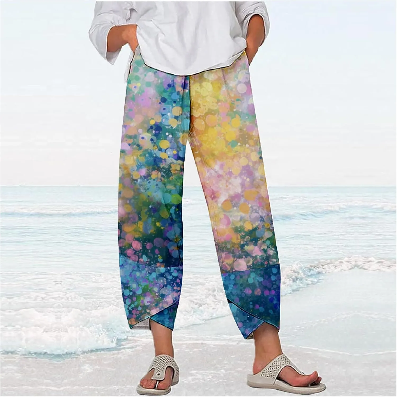 MARSVOVO Capri Pants for Women 2024 Summer Cotton Linen Hawaiian Leaf Print Baggy Wide Leg Cropped Pants with Pockets
