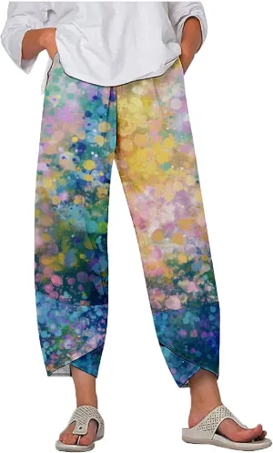 MARSVOVO Capri Pants for Women 2024 Summer Cotton Linen Hawaiian Leaf Print Baggy Wide Leg Cropped Pants with Pockets