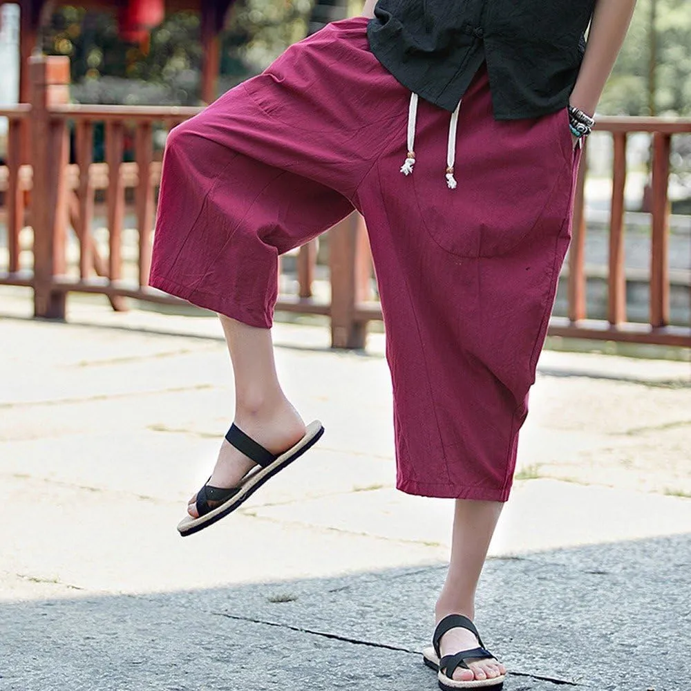 Maryia Men's Capri Linen Harem Pants Casual Loose Fit Drawstring Hippie Joggers Baggy Yoga Summer Beach Trousers