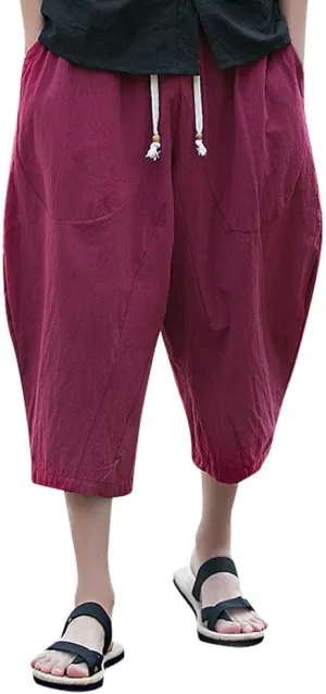 Maryia Men's Capri Linen Harem Pants Casual Loose Fit Drawstring Hippie Joggers Baggy Yoga Summer Beach Trousers
