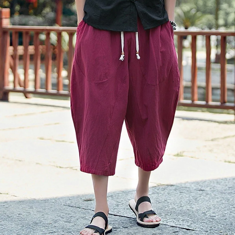 Maryia Men's Capri Linen Harem Pants Casual Loose Fit Drawstring Hippie Joggers Baggy Yoga Summer Beach Trousers