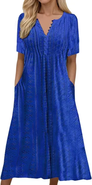 Maxi Long Dresses for Women 2025 Trendy Short Sleeve Eyelet Tshirt Dress Summer Casual Beach Vacation Sundress