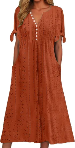 Maxi Long Dresses for Women 2025 Trendy Short Sleeve Eyelet Tshirt Dress Summer Casual Beach Vacation Sundress