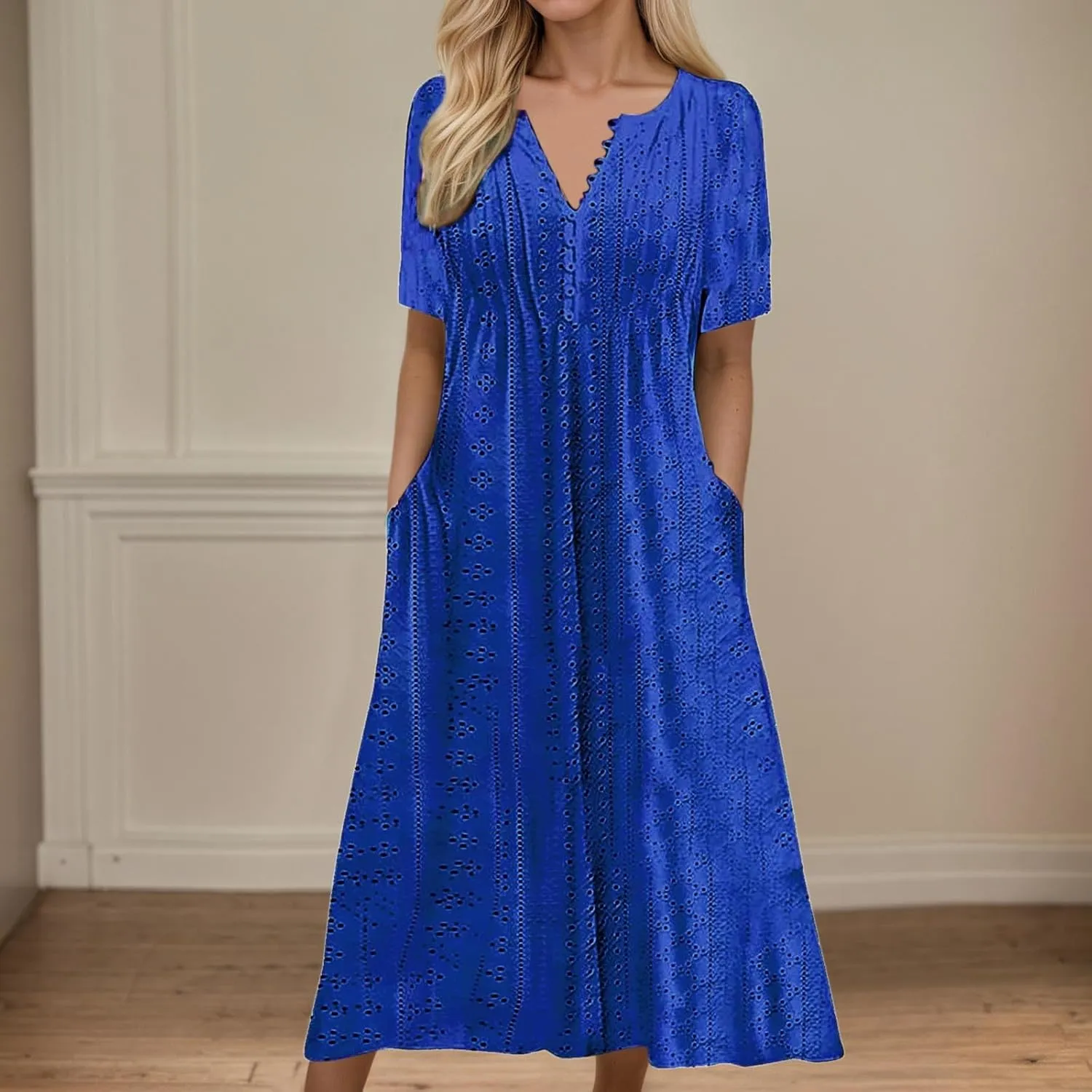 Maxi Long Dresses for Women 2025 Trendy Short Sleeve Eyelet Tshirt Dress Summer Casual Beach Vacation Sundress