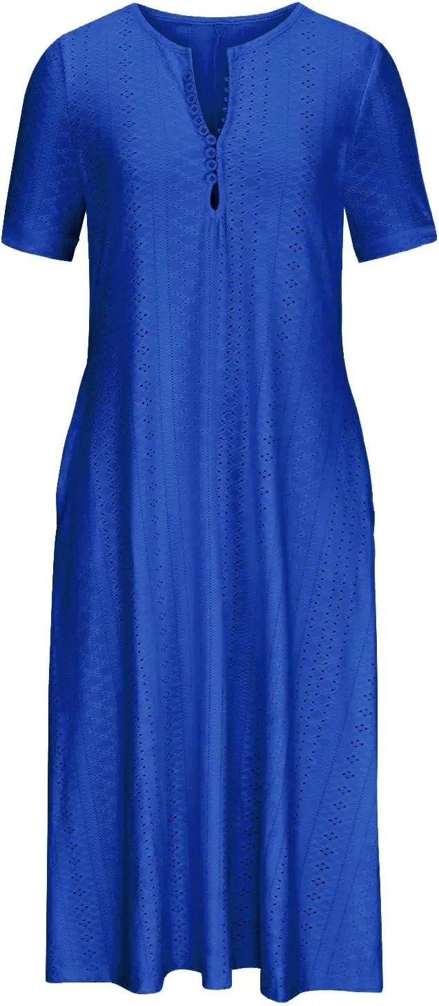 Maxi Long Dresses for Women 2025 Trendy Short Sleeve Eyelet Tshirt Dress Summer Casual Beach Vacation Sundress