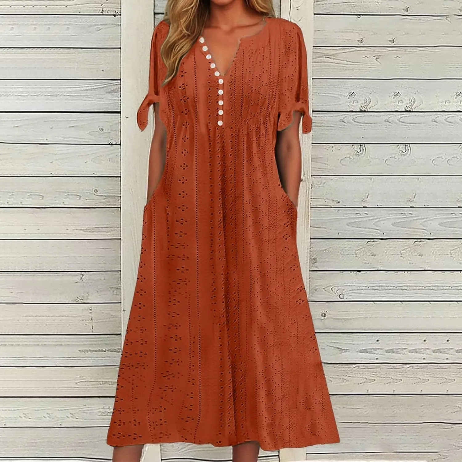 Maxi Long Dresses for Women 2025 Trendy Short Sleeve Eyelet Tshirt Dress Summer Casual Beach Vacation Sundress