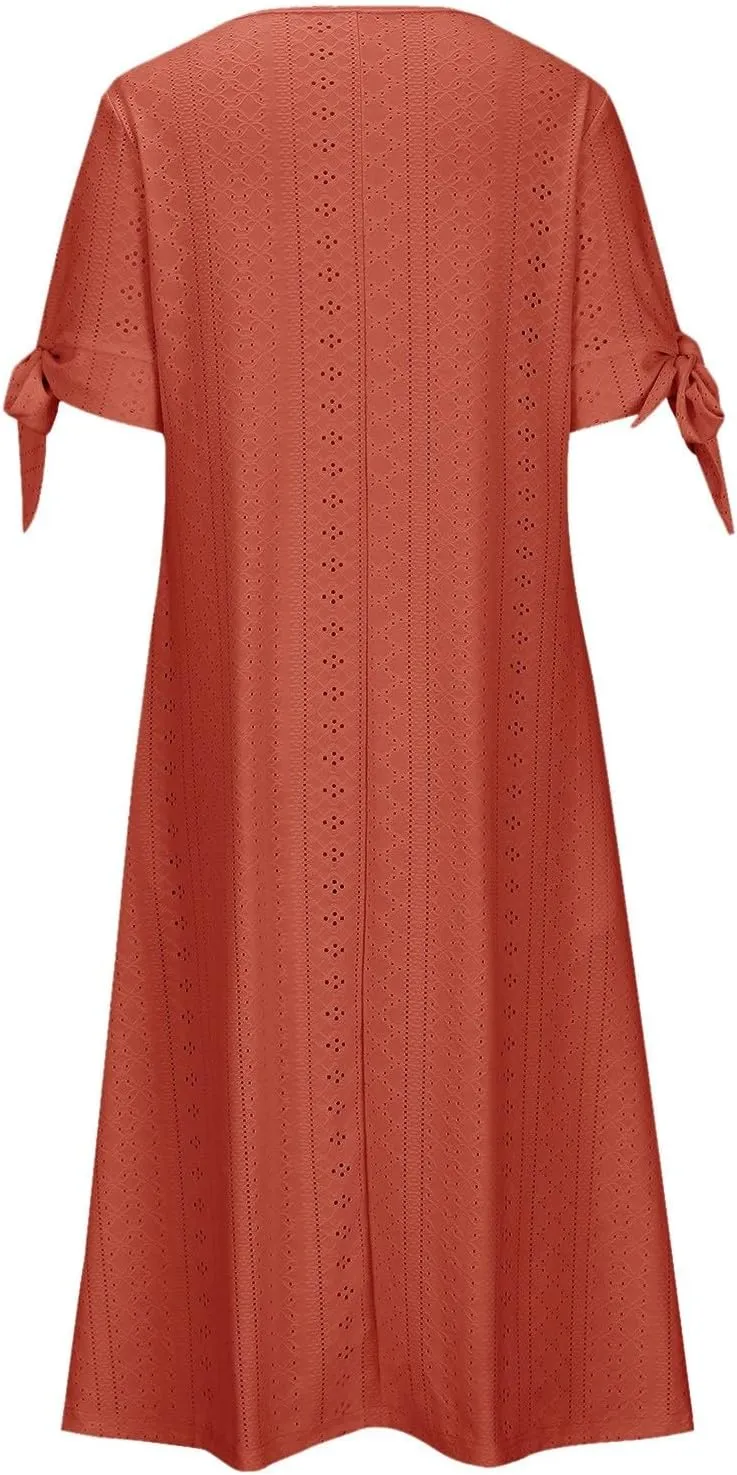 Maxi Long Dresses for Women 2025 Trendy Short Sleeve Eyelet Tshirt Dress Summer Casual Beach Vacation Sundress
