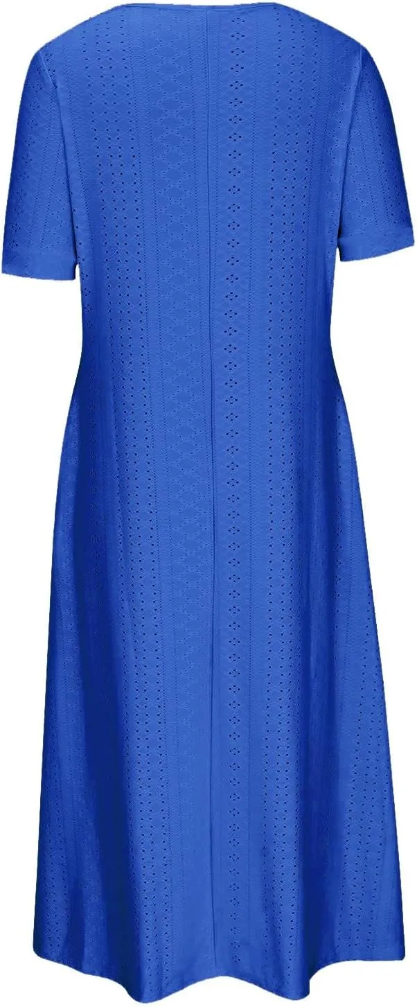Maxi Long Dresses for Women 2025 Trendy Short Sleeve Eyelet Tshirt Dress Summer Casual Beach Vacation Sundress