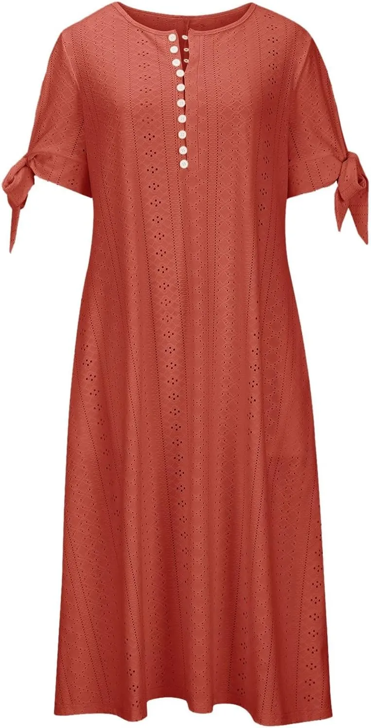 Maxi Long Dresses for Women 2025 Trendy Short Sleeve Eyelet Tshirt Dress Summer Casual Beach Vacation Sundress