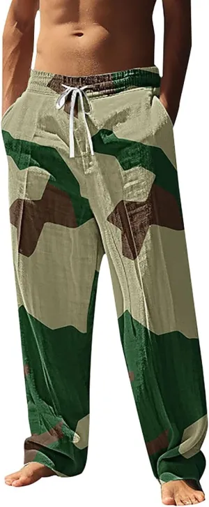 Mens Camo Pants Trendy Print Vacation Beach Pant Summer Lightweight Drawstring Waist Slacks Casual Straight Trousers