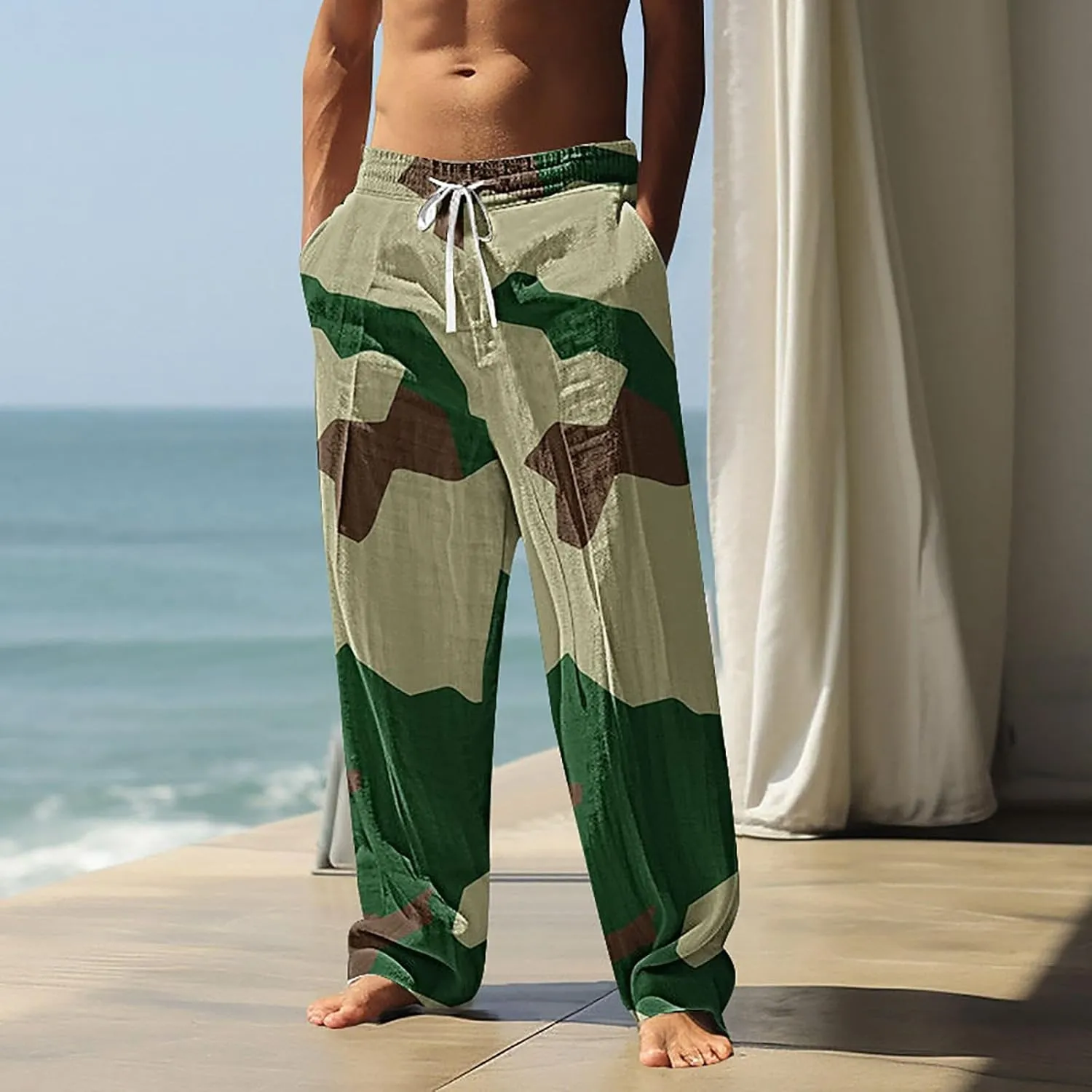 Mens Camo Pants Trendy Print Vacation Beach Pant Summer Lightweight Drawstring Waist Slacks Casual Straight Trousers