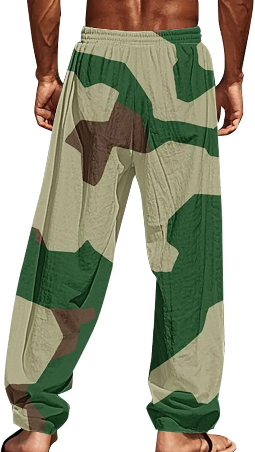 Mens Camo Pants Trendy Print Vacation Beach Pant Summer Lightweight Drawstring Waist Slacks Casual Straight Trousers