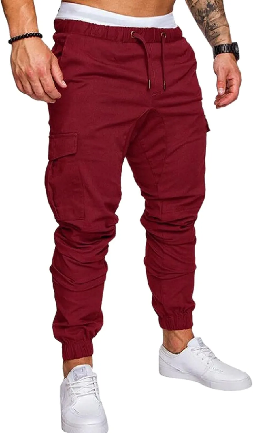 Men's Cargo Pants Solid Color Bandage Sweatpants Drawstring Elastic Waist Cargo Pants Slim Fit Casual Outdoor Trousers