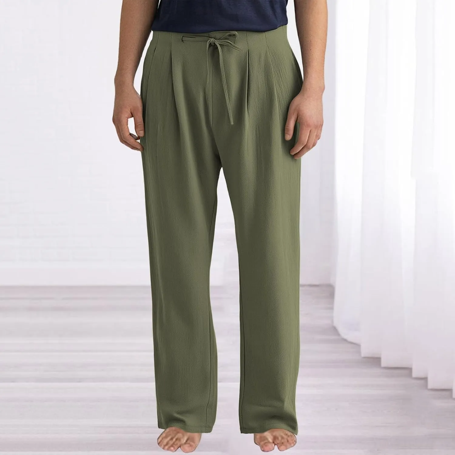 Mens Casual Linen Pants Plus Size Lightweight Beach Vacation Pants Solid Straight Slacks Drawstring Elastic Trousers