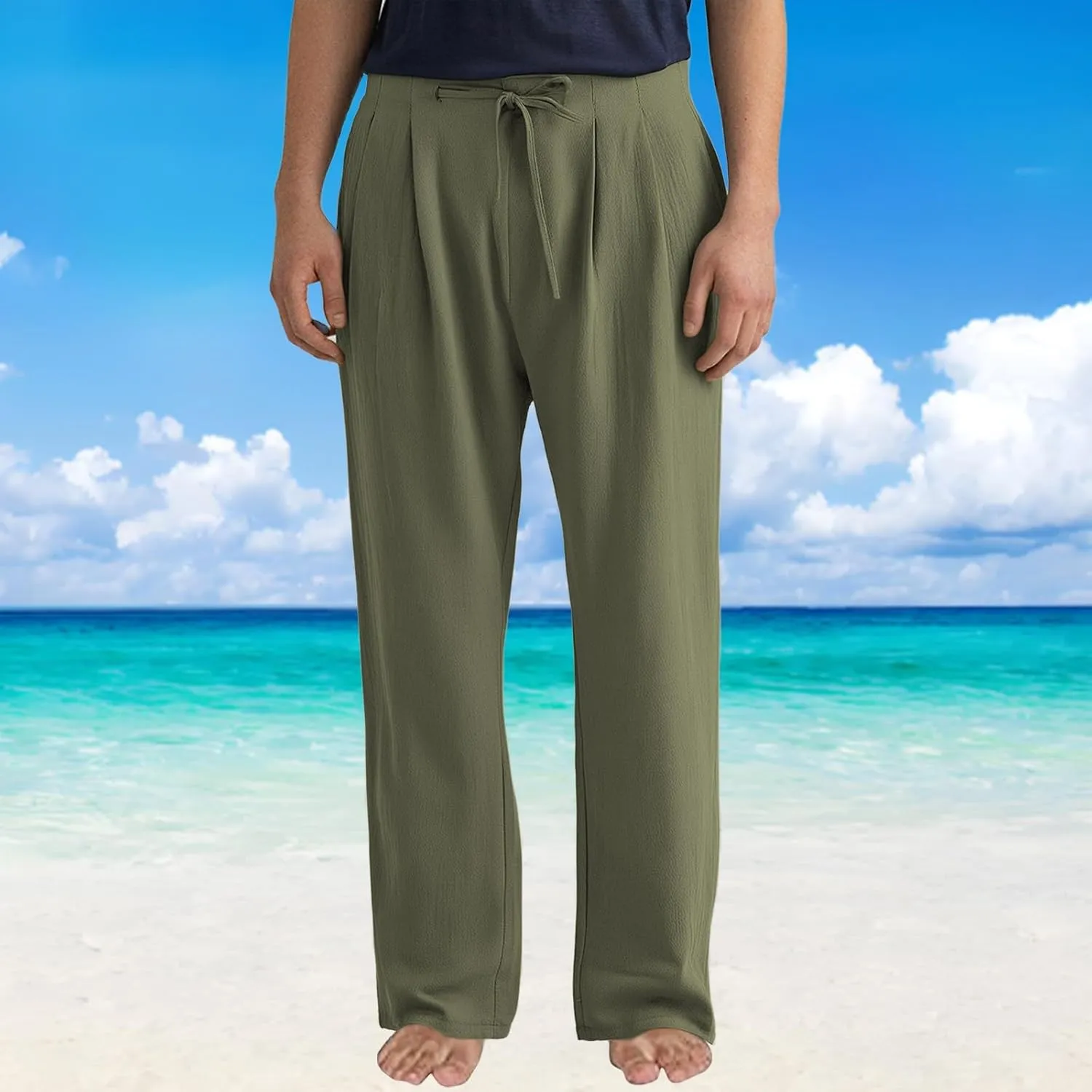 Mens Casual Linen Pants Plus Size Lightweight Beach Vacation Pants Solid Straight Slacks Drawstring Elastic Trousers