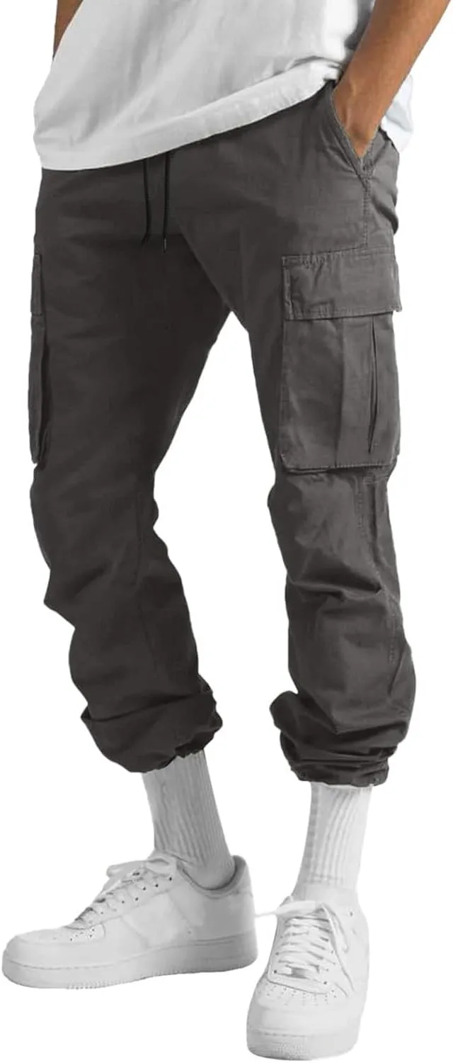 Men's Casual Stretch Cargo Pants Drawstring Waist Trousers Athletic Joggers Lightweight Sweatpants Hiking Pants