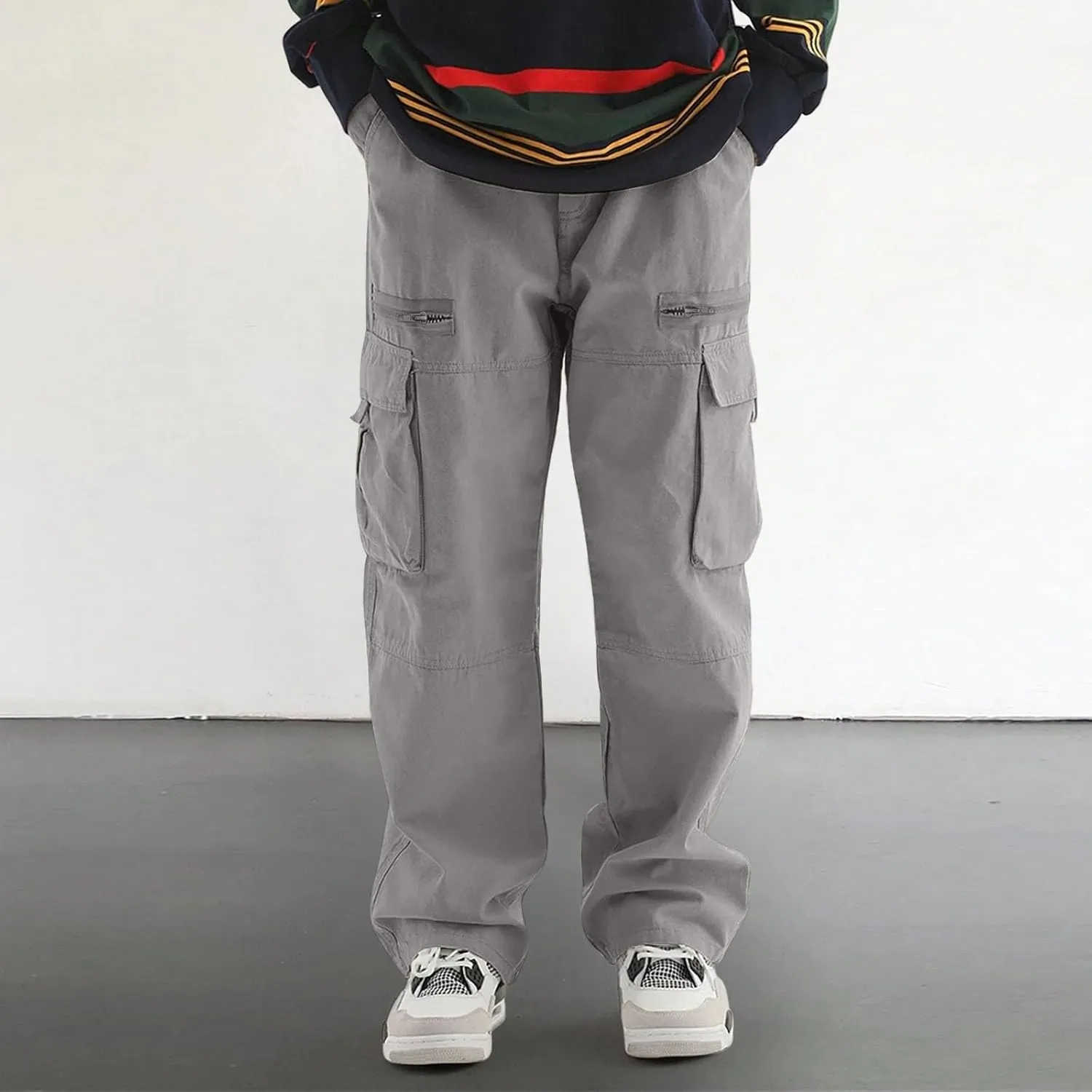 Men's Casual Work Pants with Drawstring Multi-Pocket Straight Loose Fit Pants