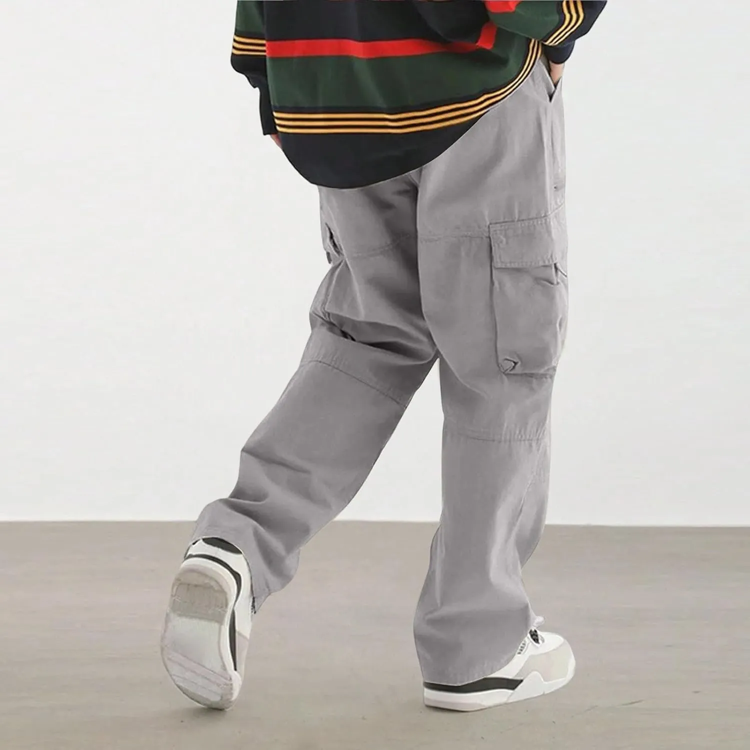 Men's Casual Work Pants with Drawstring Multi-Pocket Straight Loose Fit Pants