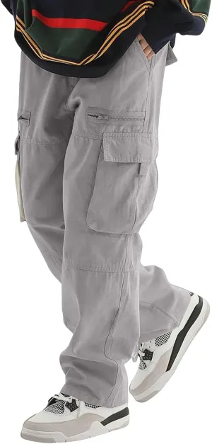 Men's Casual Work Pants with Drawstring Multi-Pocket Straight Loose Fit Pants