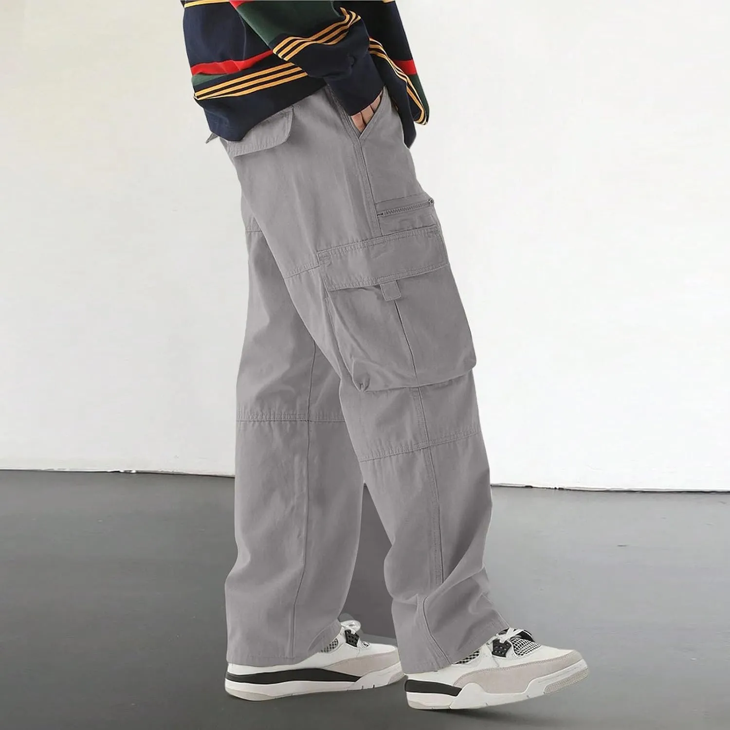 Men's Casual Work Pants with Drawstring Multi-Pocket Straight Loose Fit Pants
