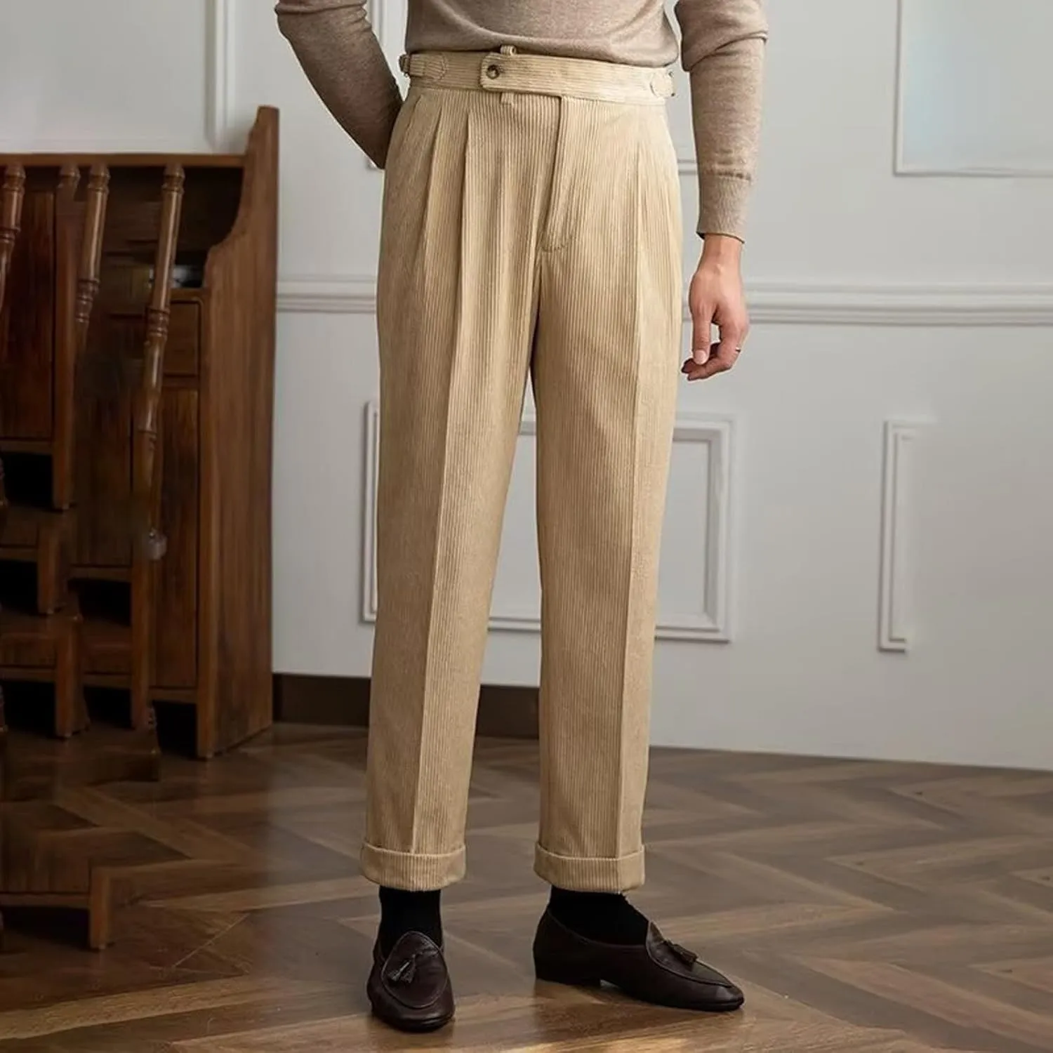 Mens Corduroy Suit Pants Trendy Straight Leg Trousers Fashion Casual Plain Flat Front Business Dress Pants for Spring