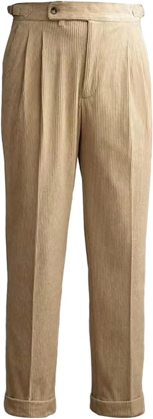 Mens Corduroy Suit Pants Trendy Straight Leg Trousers Fashion Casual Plain Flat Front Business Dress Pants for Spring