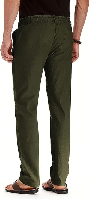 Men's Drawstring Linen Pants Casual Summer Loose Beach Trousers Classic Solid Color Straight-Legs Slim Fit Yoga Pants