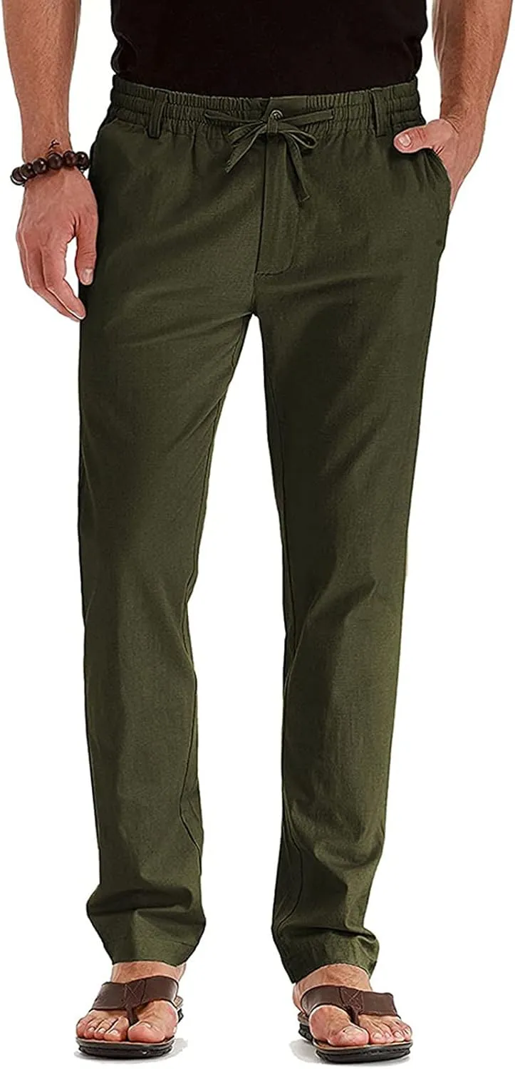 Men's Drawstring Linen Pants Casual Summer Loose Beach Trousers Classic Solid Color Straight-Legs Slim Fit Yoga Pants
