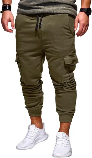 Mens Fashion Cargo Pants Slim Fit Drawstring Multity Pocket Sweatpants Loose Fit Casual Workout Basic Trousers