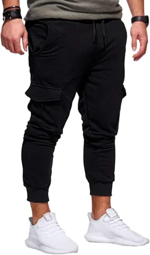 Mens Fashion Cargo Pants Slim Fit Drawstring Multity Pocket Sweatpants Loose Fit Casual Workout Basic Trousers