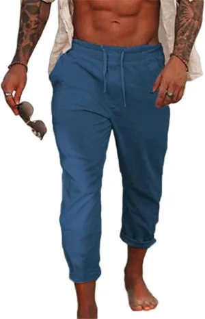 Mens Fashion Cotton Linen Pants Slim Fit Drawstring Lightweight Sweatpants Loose Fit Casual Outdoor Beach Trousers