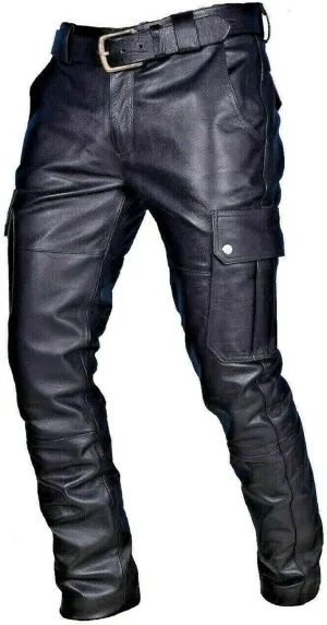 Men's Faux Leather Cargo Pants Slim Fit Multi Pocket Belted Adjustable Straight Durable Stylish Daily Outdoor Bottoms