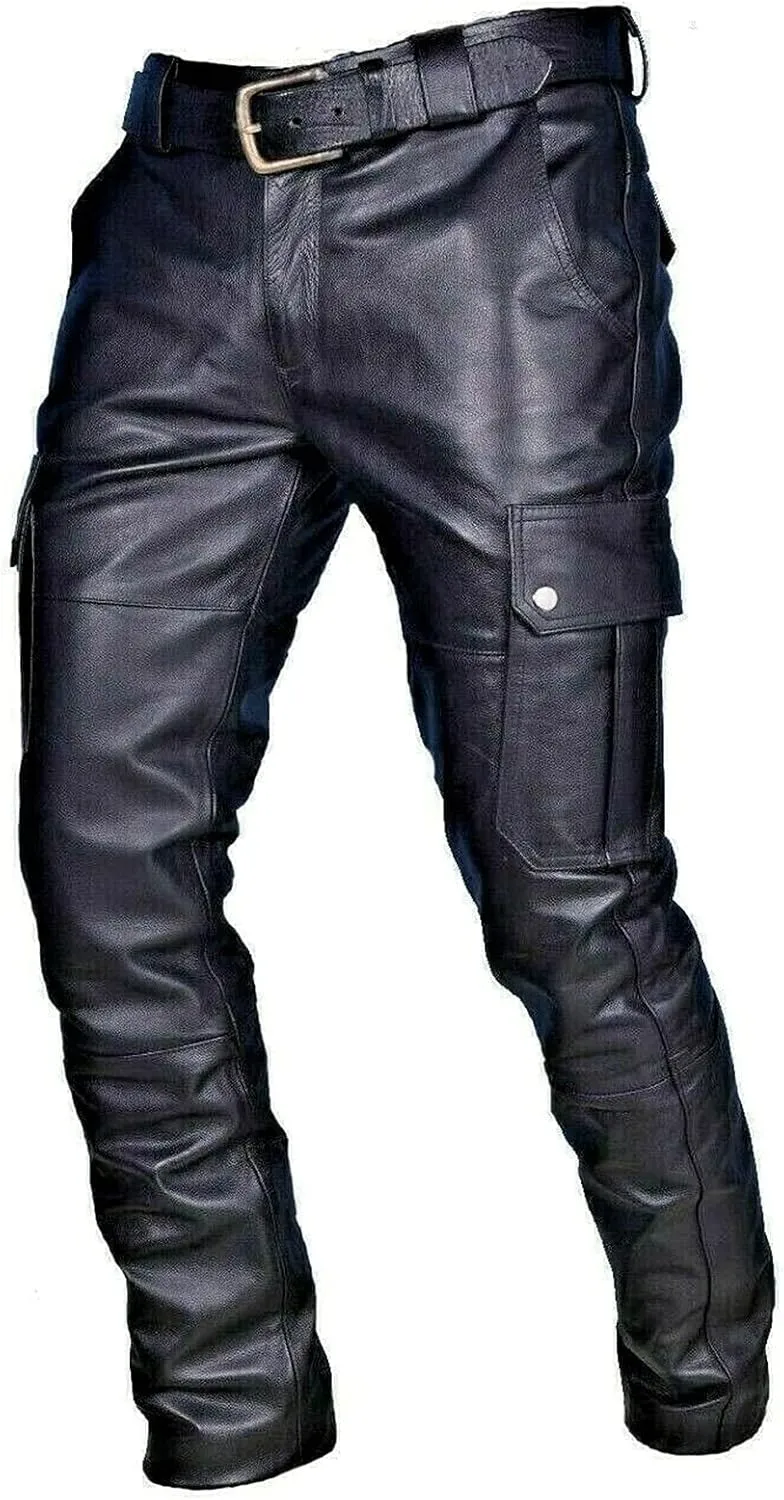 Men's Faux Leather Cargo Pants Slim Fit Multi Pocket Belted Adjustable Straight Durable Stylish Daily Outdoor Bottoms