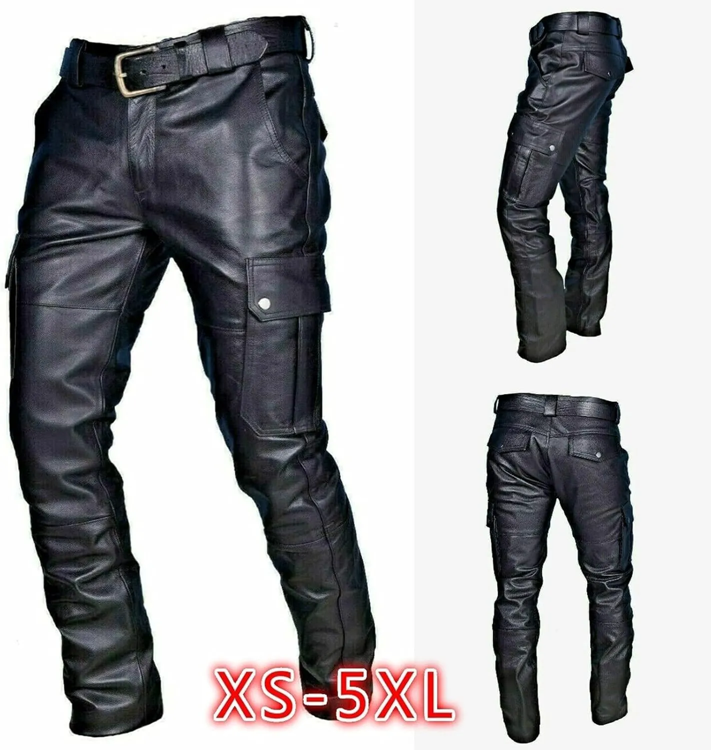 Men's Faux Leather Cargo Pants Slim Fit Multi Pocket Belted Adjustable Straight Durable Stylish Daily Outdoor Bottoms