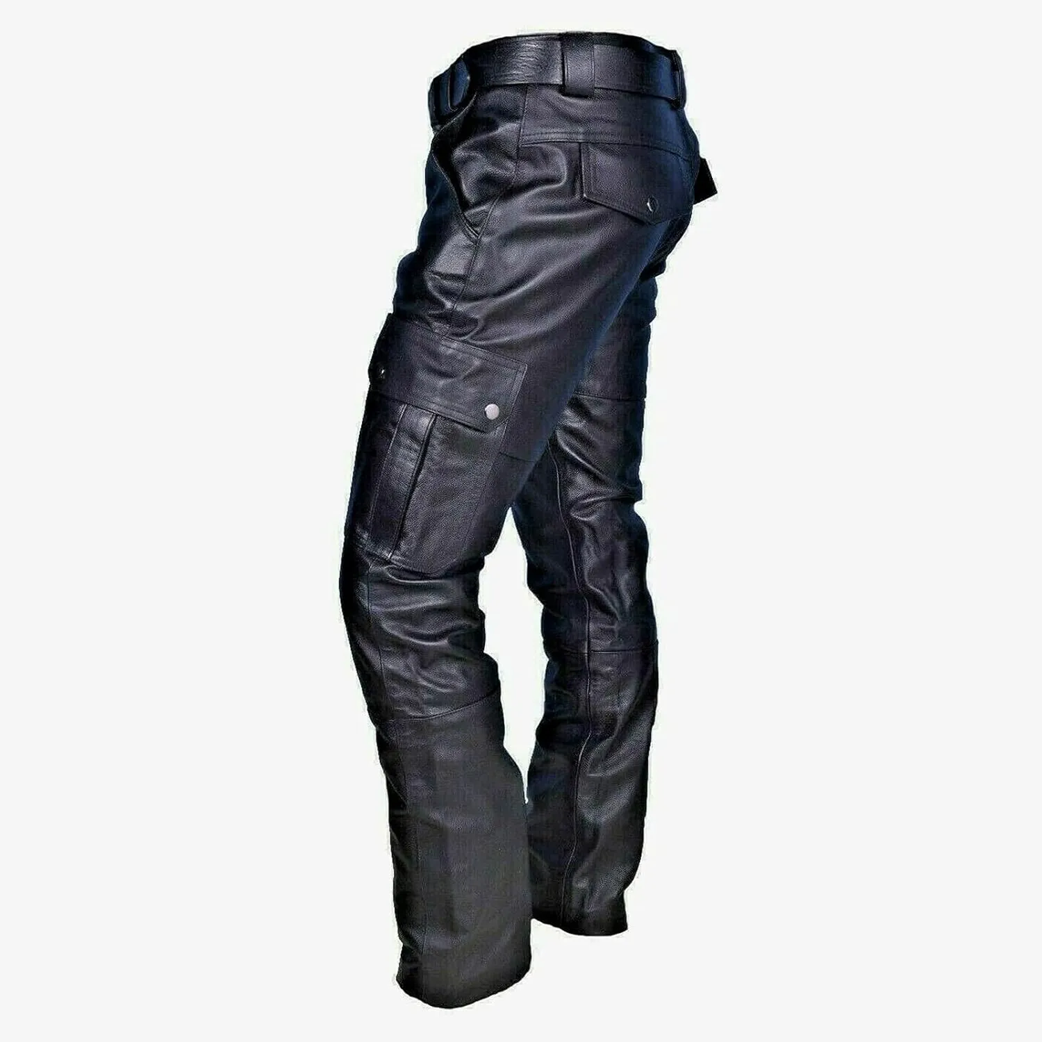 Men's Faux Leather Cargo Pants Slim Fit Multi Pocket Belted Adjustable Straight Durable Stylish Daily Outdoor Bottoms