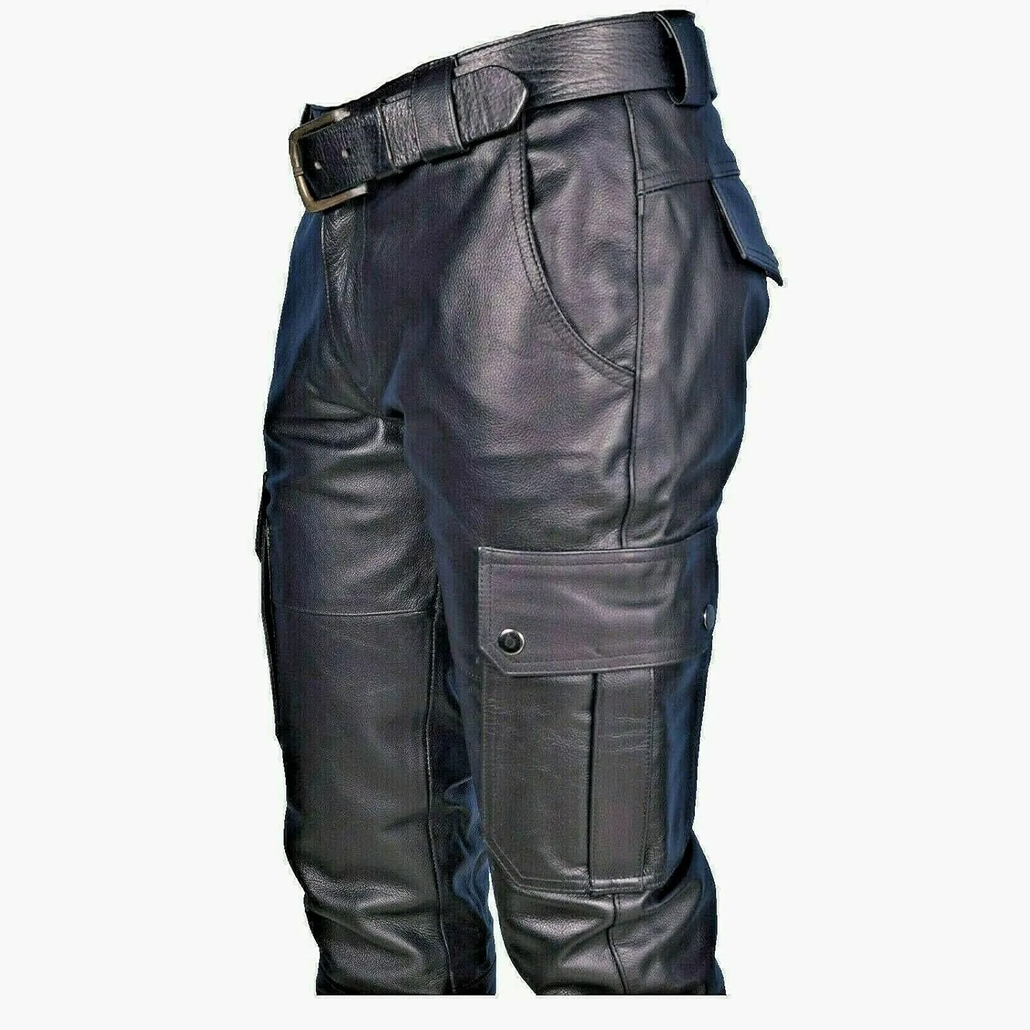 Men's Faux Leather Cargo Pants Slim Fit Multi Pocket Belted Adjustable Straight Durable Stylish Daily Outdoor Bottoms