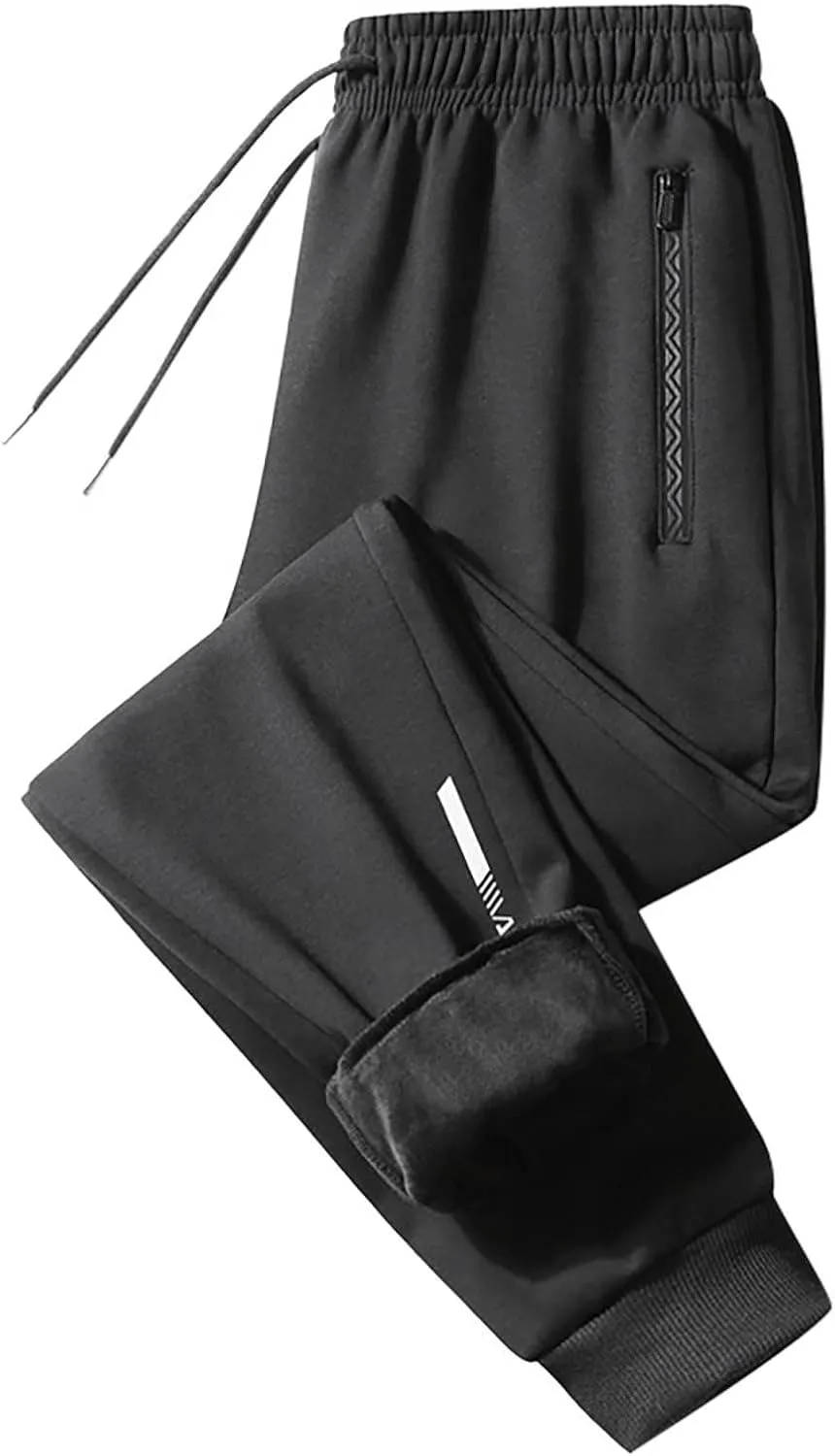 Men's Fleece Lined Pants Tapered Joggers Sweatpants with Zip Pockets Slim Fit Pants Workout Running Gym Sweat Pants
