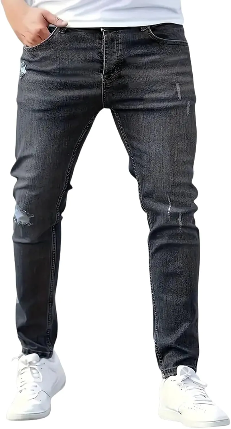Mens Jeans Casual Slim Fit Skinny Denim Washed Stretch Tapered Jean Pants Trousers Fashion Clothing for Boyfriend Gift