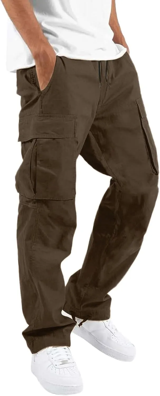 Mens Lightweight Joggers Mens Casual Waist Color Sports Hat Multi Woven Pocket Foot Rope Solid Pants Exercise Pants