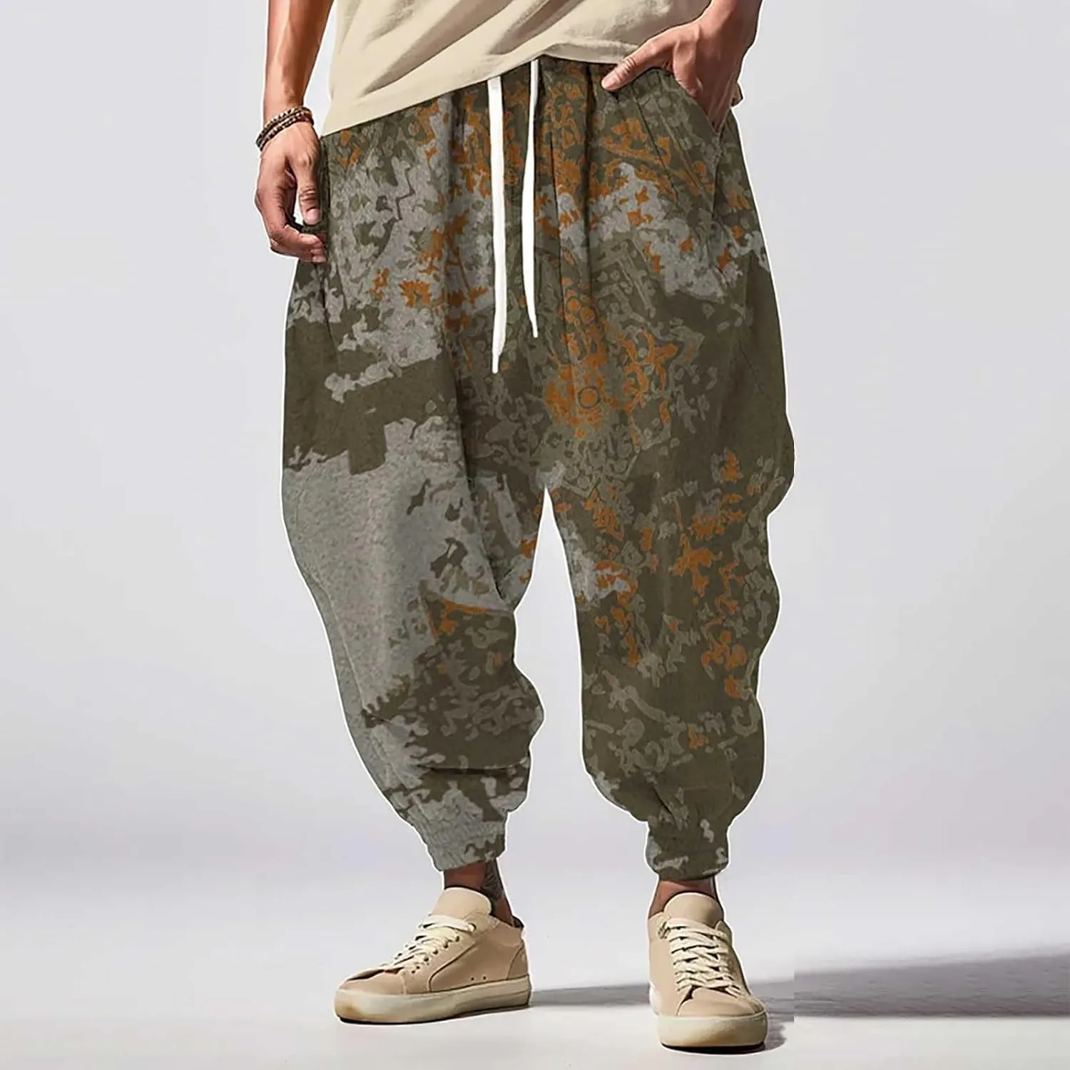 Mens Linen Cargo Jogger Pant Street Feel Casual Sweatpants Casual Wide Leg Jogger Pants Baggy Pants for Men Baggy