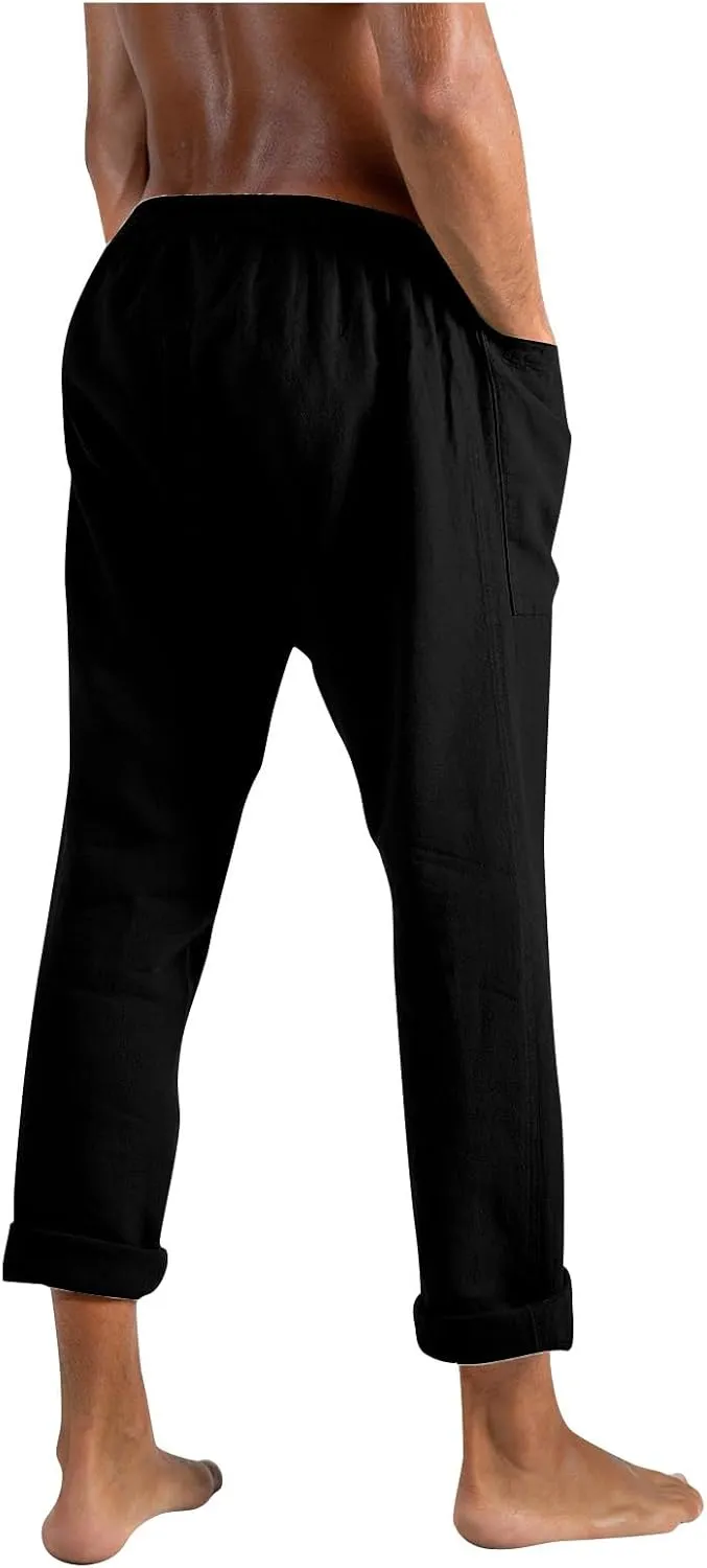Mens Linen Pants Casual Loose Fit Drawstring Sweatpants Lightweight Elastic Waist Fashion Trousers with Pockets