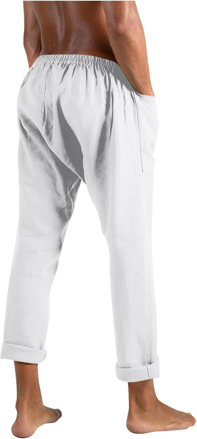 Mens Linen Pants Casual Loose Fit Drawstring Sweatpants Lightweight Elastic Waist Fashion Trousers with Pockets