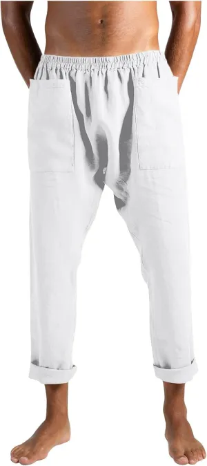 Mens Linen Pants Casual Loose Fit Drawstring Sweatpants Lightweight Elastic Waist Fashion Trousers with Pockets