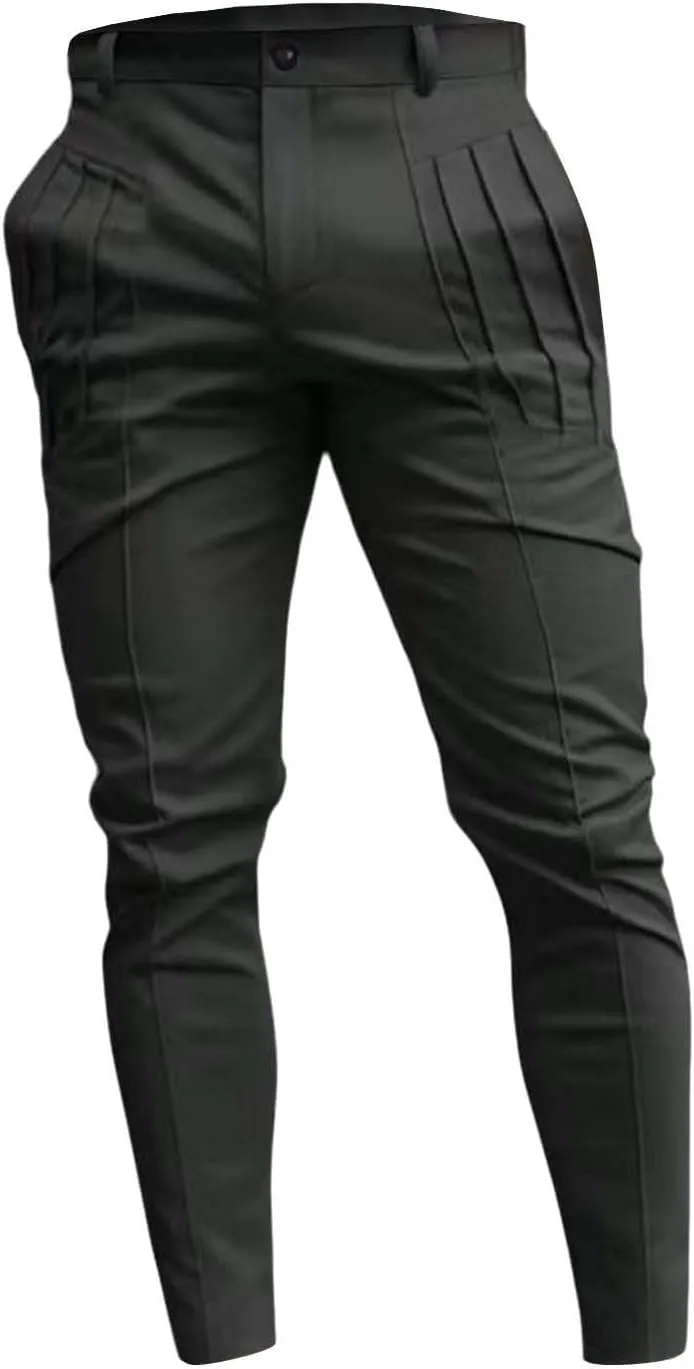Mens Pleated Front Casual Pants Trendy Solid Pant Outdoor Fashion Slim Fit Trousers for Mens with Pockets