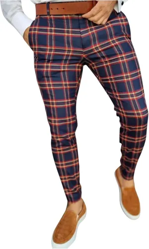 Men's Skinny Fit Plaid Pants Casual Work Office Business Dress Pants Stretch Slim Fit Casual Trousers Golf Work Long Pants Comfy Flat Front Chinos Suit Pants Mens Trousers Fall Navy